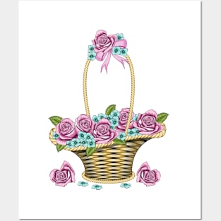 Floral Basket - Roses Basket Posters and Art